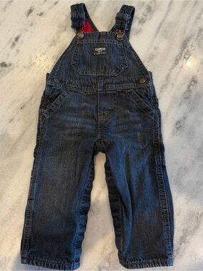 OshKosh B'gosh Dark Blue Denim Plaid Flannel Lined Baby Boy Overalls 12 Months